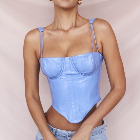 HOUSE OF CB 'Melissa' Cornflower Blue Vegan Leather Corset NWOT - Picture 1 of 12